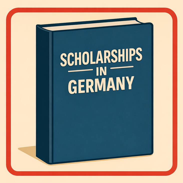 Book titled 'Scholarships in Germany' with information on scholarship types, criteria, funding sources, and application tips on a beige background.