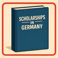 Book titled 'Scholarships in Germany' with information on scholarship types, criteria, funding sources, and application tips on a beige background.