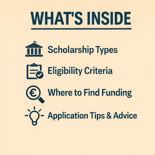 Book titled 'Scholarships in Germany' with information on scholarship types, criteria, funding sources, and application tips on a beige background.